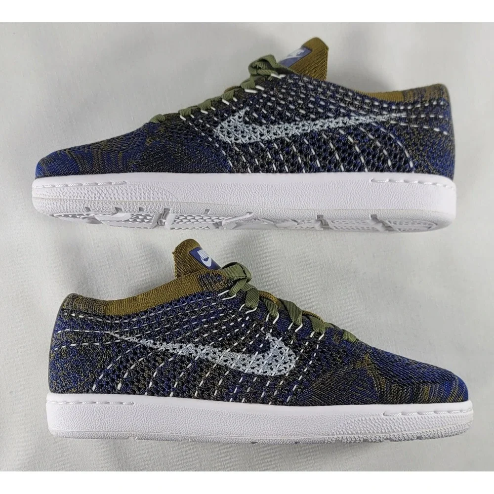 NIB Wms Sz 6 Nike Tennis Classic Ultra Flyknit Olive Flak/White-Deep Royal-Black